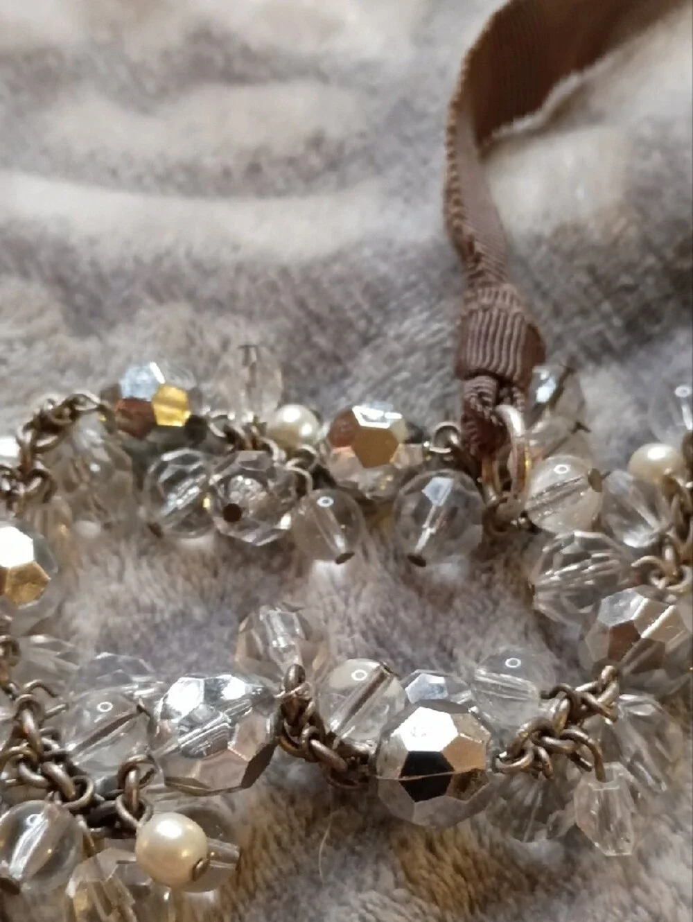 Taupe Ribbon Crystal & Pearl Necklace